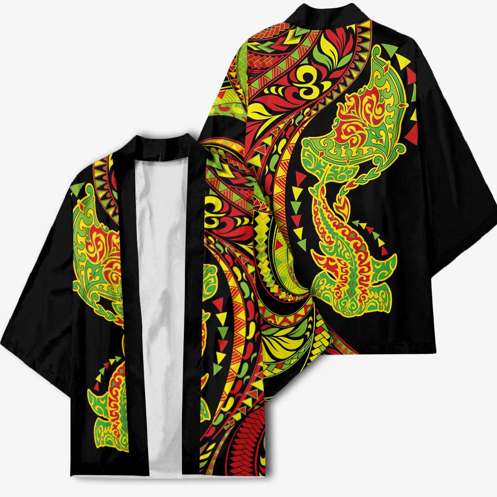 Hawaiian Manta Ray and Hammerhead Shark Tribal Tattoo Kimono with Polynesian Tribal Pattern Kanaka Maoli Flag Color
