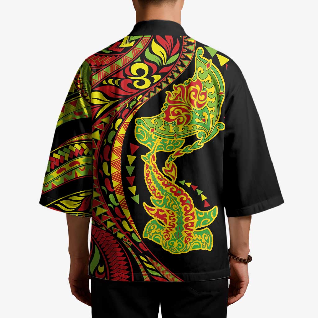 Hawaiian Manta Ray and Hammerhead Shark Tribal Tattoo Kimono with Polynesian Tribal Pattern Kanaka Maoli Flag Color