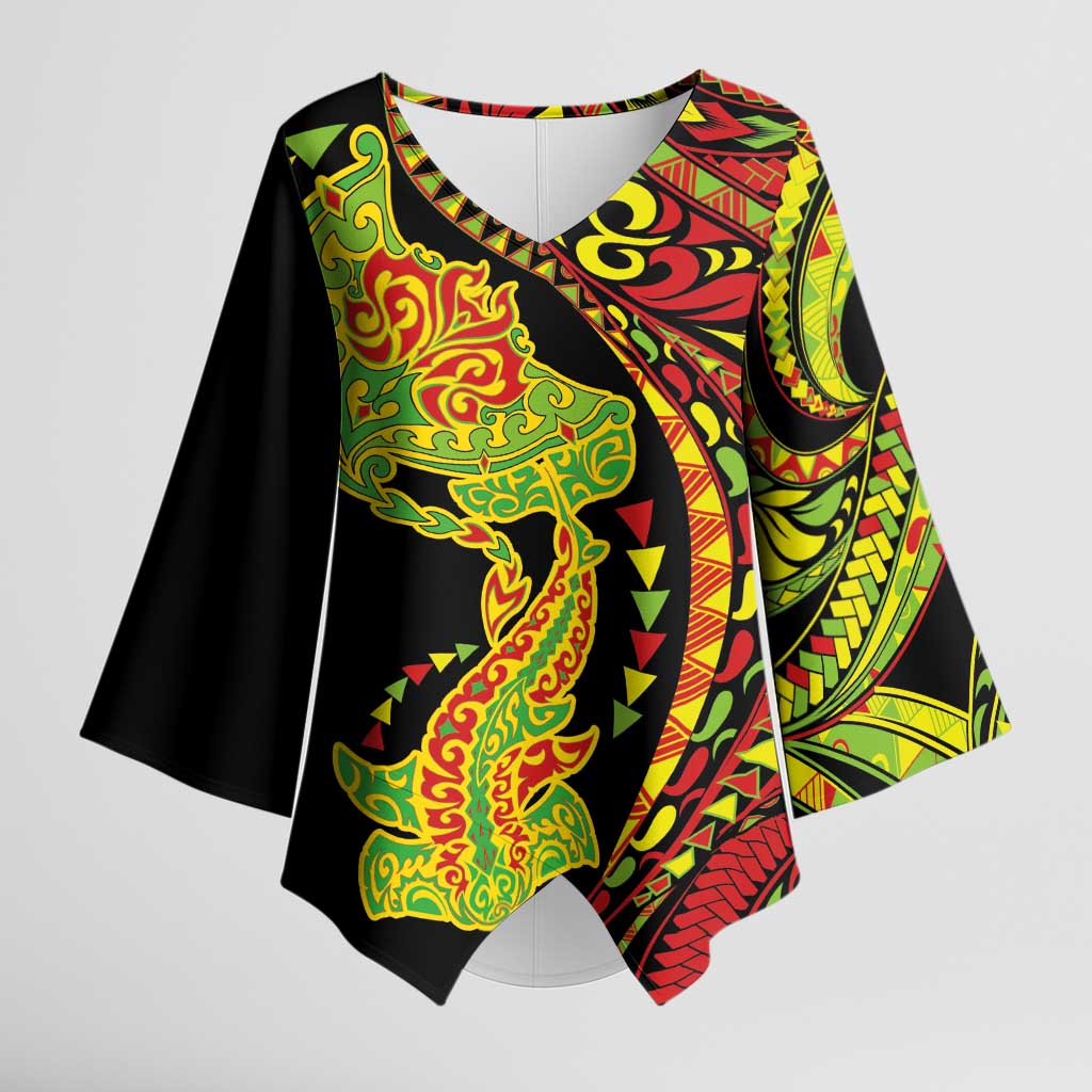 Hawaiian Manta Ray and Hammerhead Shark Tribal Tattoo Kimono Sleeve Blouse with Polynesian Tribal Pattern Kanaka Maoli Flag Color