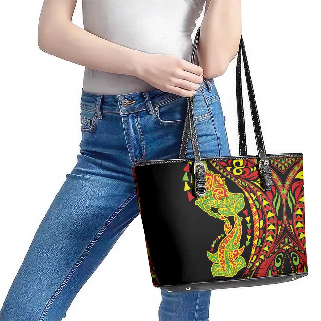 Hawaiian Manta Ray and Hammerhead Shark Tribal Tattoo Leather Tote Bag with Polynesian Tribal Pattern Kanaka Maoli Flag Color