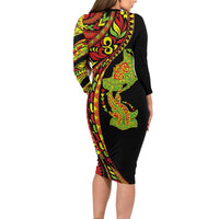 Hawaiian Manta Ray and Hammerhead Shark Tribal Tattoo Long Sleeve Bodycon Dress with Polynesian Tribal Pattern Kanaka Maoli Flag Color