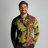 Hawaiian Manta Ray and Hammerhead Shark Tribal Tattoo Long Sleeve Polo Shirt with Polynesian Tribal Pattern Kanaka Maoli Flag Color