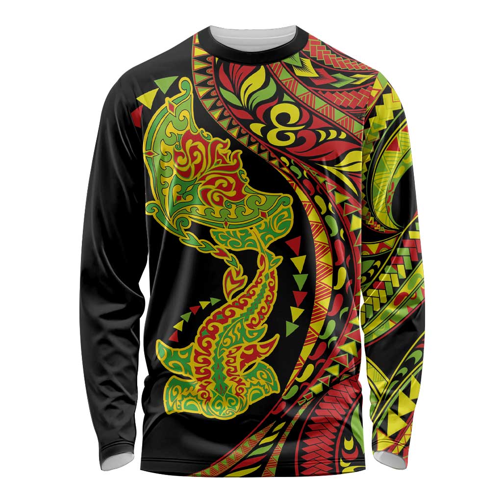 Hawaiian Manta Ray and Hammerhead Shark Tribal Tattoo Long Sleeve Shirt with Polynesian Tribal Pattern Kanaka Maoli Flag Color LT03 Unisex Multicolor - Polynesian Pride