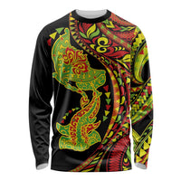Hawaiian Manta Ray and Hammerhead Shark Tribal Tattoo Long Sleeve Shirt with Polynesian Tribal Pattern Kanaka Maoli Flag Color LT03 Unisex Multicolor - Polynesian Pride