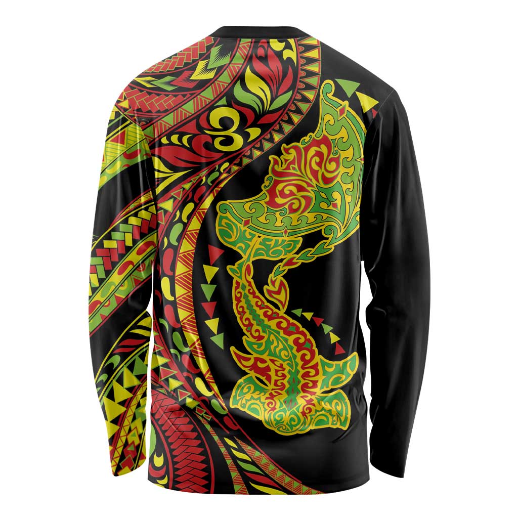 Hawaiian Manta Ray and Hammerhead Shark Tribal Tattoo Long Sleeve Shirt with Polynesian Tribal Pattern Kanaka Maoli Flag Color LT03 - Polynesian Pride