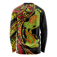 Hawaiian Manta Ray and Hammerhead Shark Tribal Tattoo Long Sleeve Shirt with Polynesian Tribal Pattern Kanaka Maoli Flag Color LT03 - Polynesian Pride