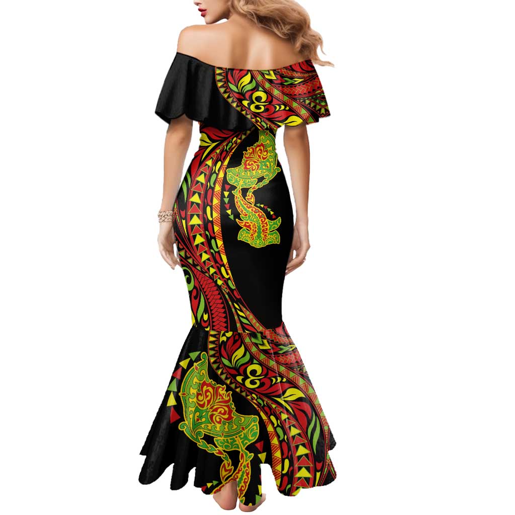 Hawaiian Manta Ray and Hammerhead Shark Tribal Tattoo Mermaid Dress with Polynesian Tribal Pattern Kanaka Maoli Flag Color