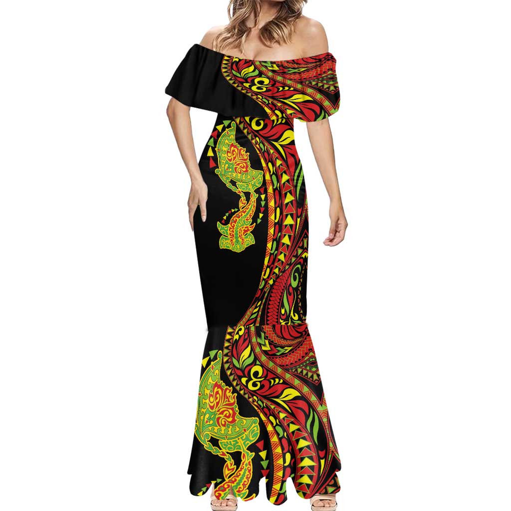 Hawaiian Manta Ray and Hammerhead Shark Tribal Tattoo Mermaid Dress with Polynesian Tribal Pattern Kanaka Maoli Flag Color