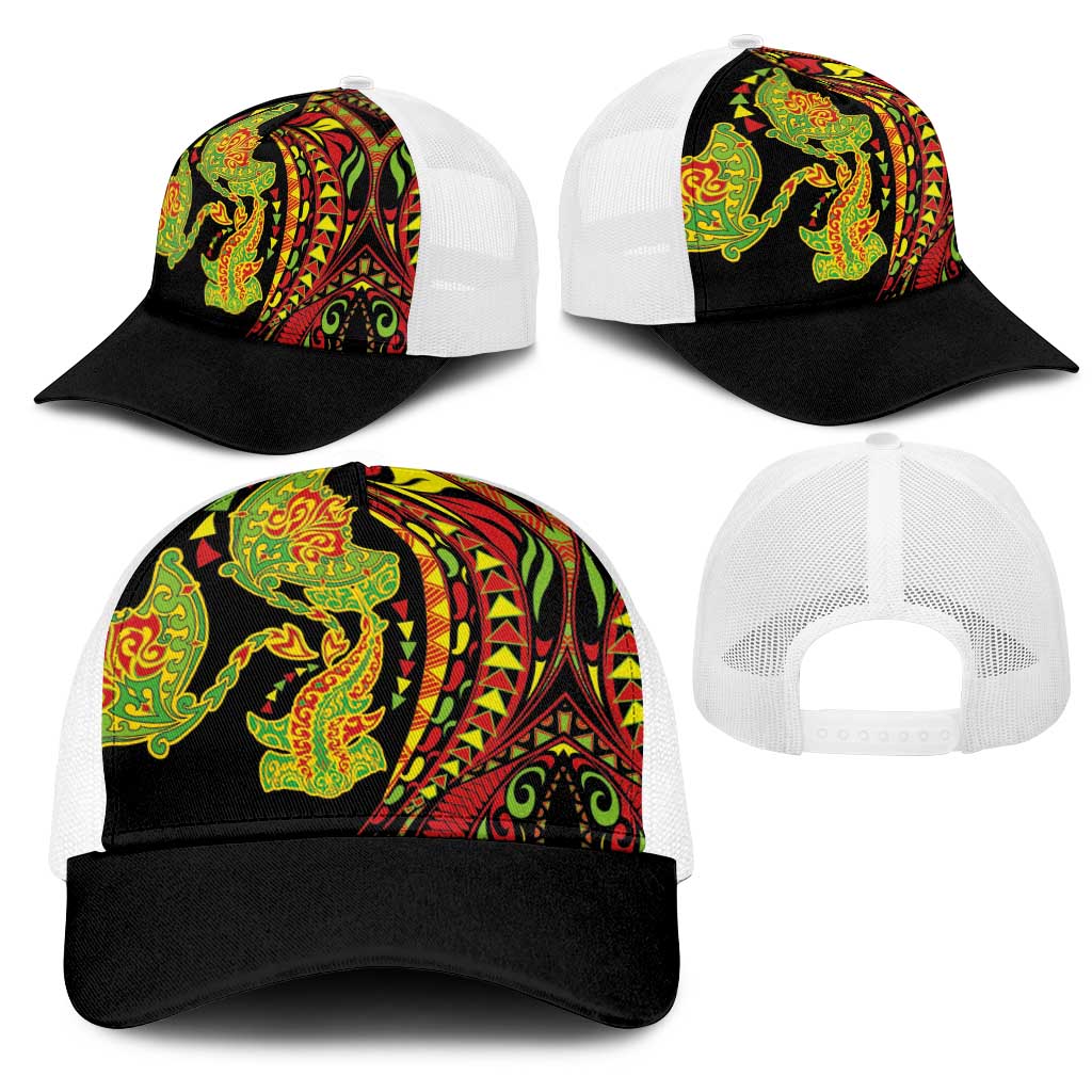 Hawaiian Manta Ray and Hammerhead Shark Tribal Tattoo Mesh Trucker Cap with Polynesian Tribal Pattern Kanaka Maoli Flag Color