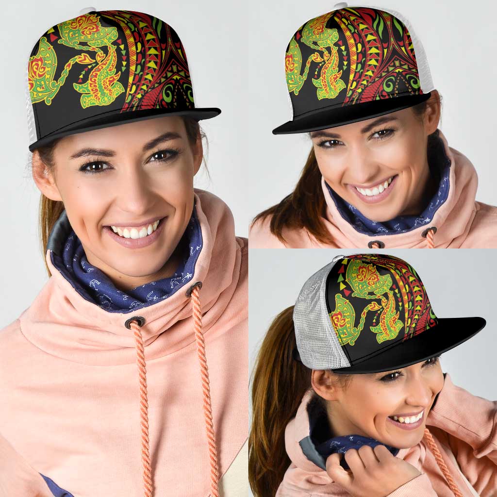 Hawaiian Manta Ray and Hammerhead Shark Tribal Tattoo Mesh Trucker Cap with Polynesian Tribal Pattern Kanaka Maoli Flag Color