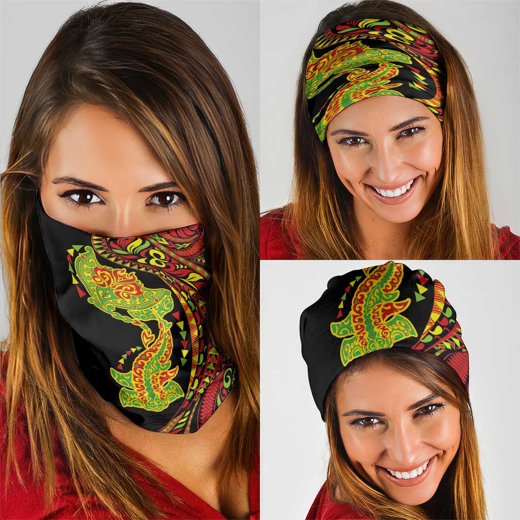 Hawaiian Manta Ray and Hammerhead Shark Tribal Tattoo Neck Gaiter with Polynesian Tribal Pattern Kanaka Maoli Flag Color
