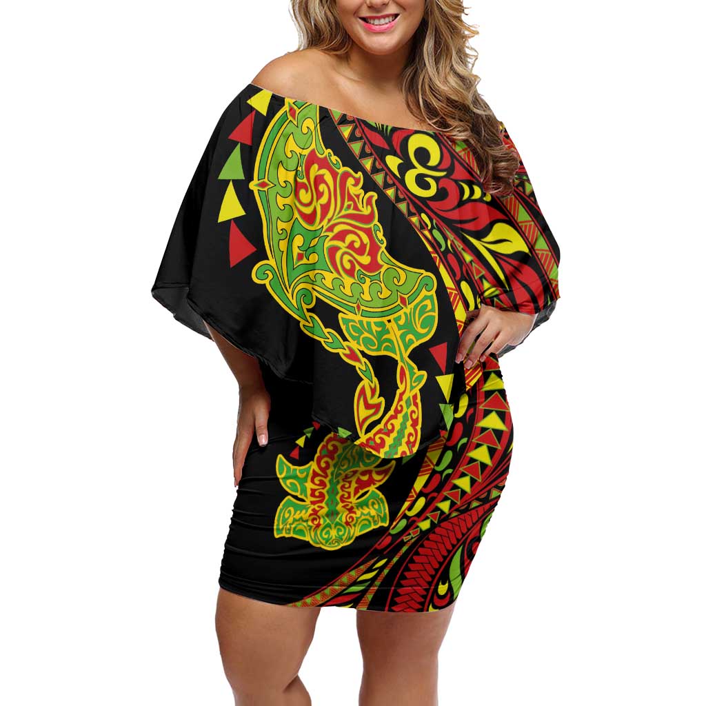 Hawaiian Manta Ray and Hammerhead Shark Tribal Tattoo Off Shoulder Short Dress with Polynesian Tribal Pattern Kanaka Maoli Flag Color LT03 Women Multicolor - Polynesian Pride
