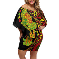 Hawaiian Manta Ray and Hammerhead Shark Tribal Tattoo Off Shoulder Short Dress with Polynesian Tribal Pattern Kanaka Maoli Flag Color LT03 Women Multicolor - Polynesian Pride