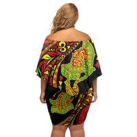 Hawaiian Manta Ray and Hammerhead Shark Tribal Tattoo Off Shoulder Short Dress with Polynesian Tribal Pattern Kanaka Maoli Flag Color LT03 - Polynesian Pride