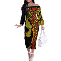 Hawaiian Manta Ray and Hammerhead Shark Tribal Tattoo Off The Shoulder Long Sleeve Dress with Polynesian Tribal Pattern Kanaka Maoli Flag Color