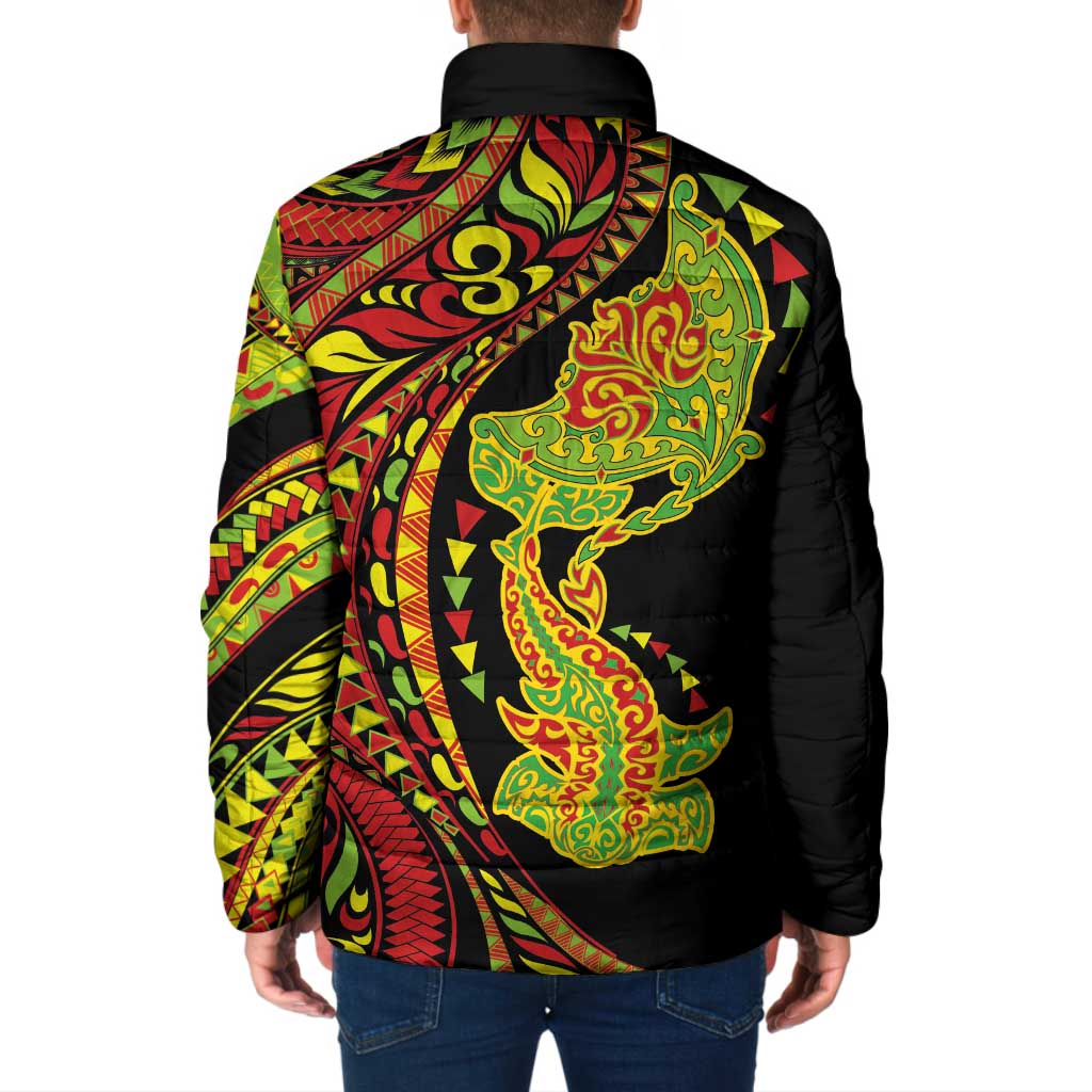 Hawaiian Manta Ray and Hammerhead Shark Tribal Tattoo Padded Jacket with Polynesian Tribal Pattern Kanaka Maoli Flag Color