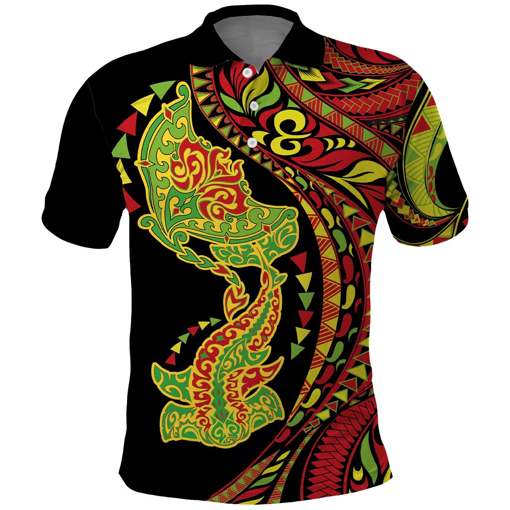 Hawaiian Manta Ray and Hammerhead Shark Tribal Tattoo Polo Shirt with Polynesian Tribal Pattern Kanaka Maoli Flag Color LT03 Multicolor - Polynesian Pride
