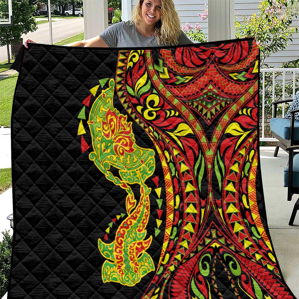 Hawaiian Manta Ray and Hammerhead Shark Tribal Tattoo Quilt with Polynesian Tribal Pattern Kanaka Maoli Flag Color