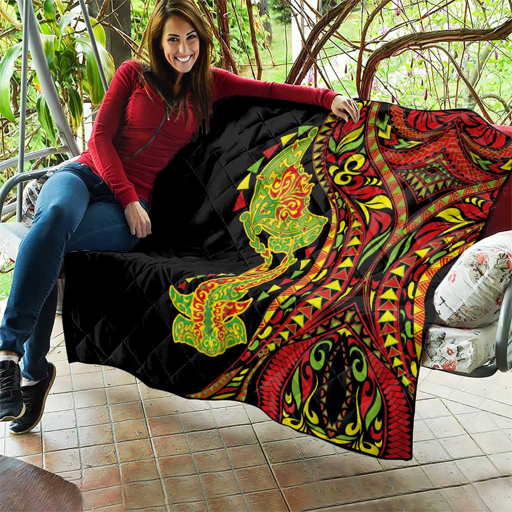Hawaiian Manta Ray and Hammerhead Shark Tribal Tattoo Quilt with Polynesian Tribal Pattern Kanaka Maoli Flag Color