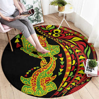 Hawaiian Manta Ray and Hammerhead Shark Tribal Tattoo Round Carpet with Polynesian Tribal Pattern Kanaka Maoli Flag Color