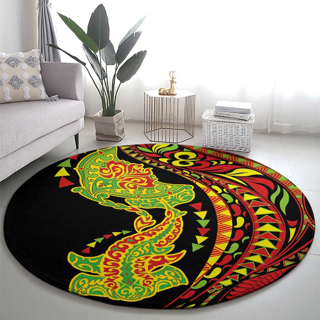 Hawaiian Manta Ray and Hammerhead Shark Tribal Tattoo Round Carpet with Polynesian Tribal Pattern Kanaka Maoli Flag Color