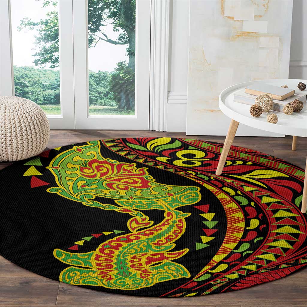 Hawaiian Manta Ray and Hammerhead Shark Tribal Tattoo Round Carpet with Polynesian Tribal Pattern Kanaka Maoli Flag Color