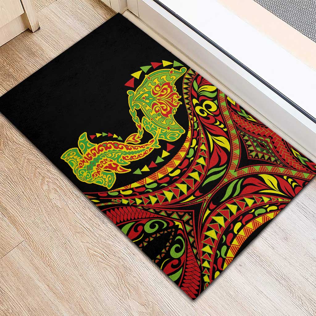 Hawaiian Manta Ray and Hammerhead Shark Tribal Tattoo Rubber Doormat with Polynesian Tribal Pattern Kanaka Maoli Flag Color