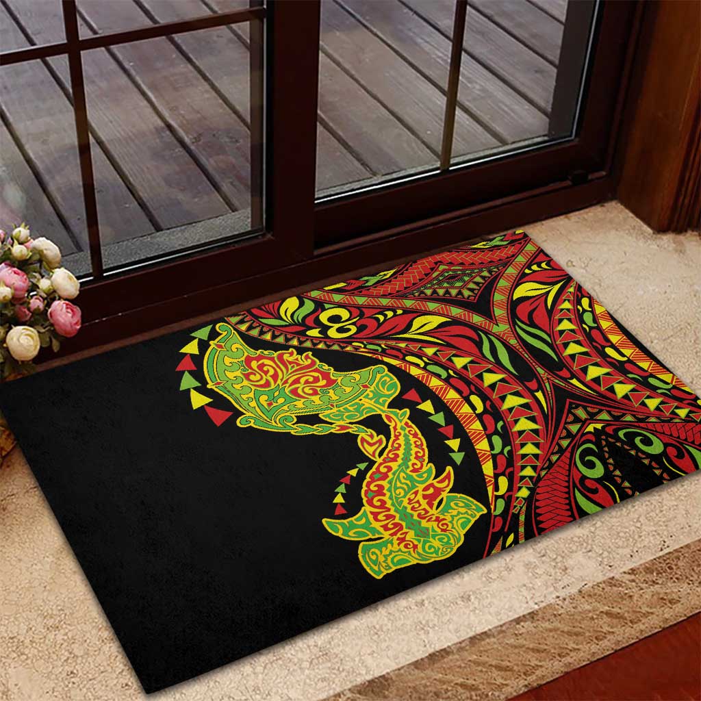 Hawaiian Manta Ray and Hammerhead Shark Tribal Tattoo Rubber Doormat with Polynesian Tribal Pattern Kanaka Maoli Flag Color