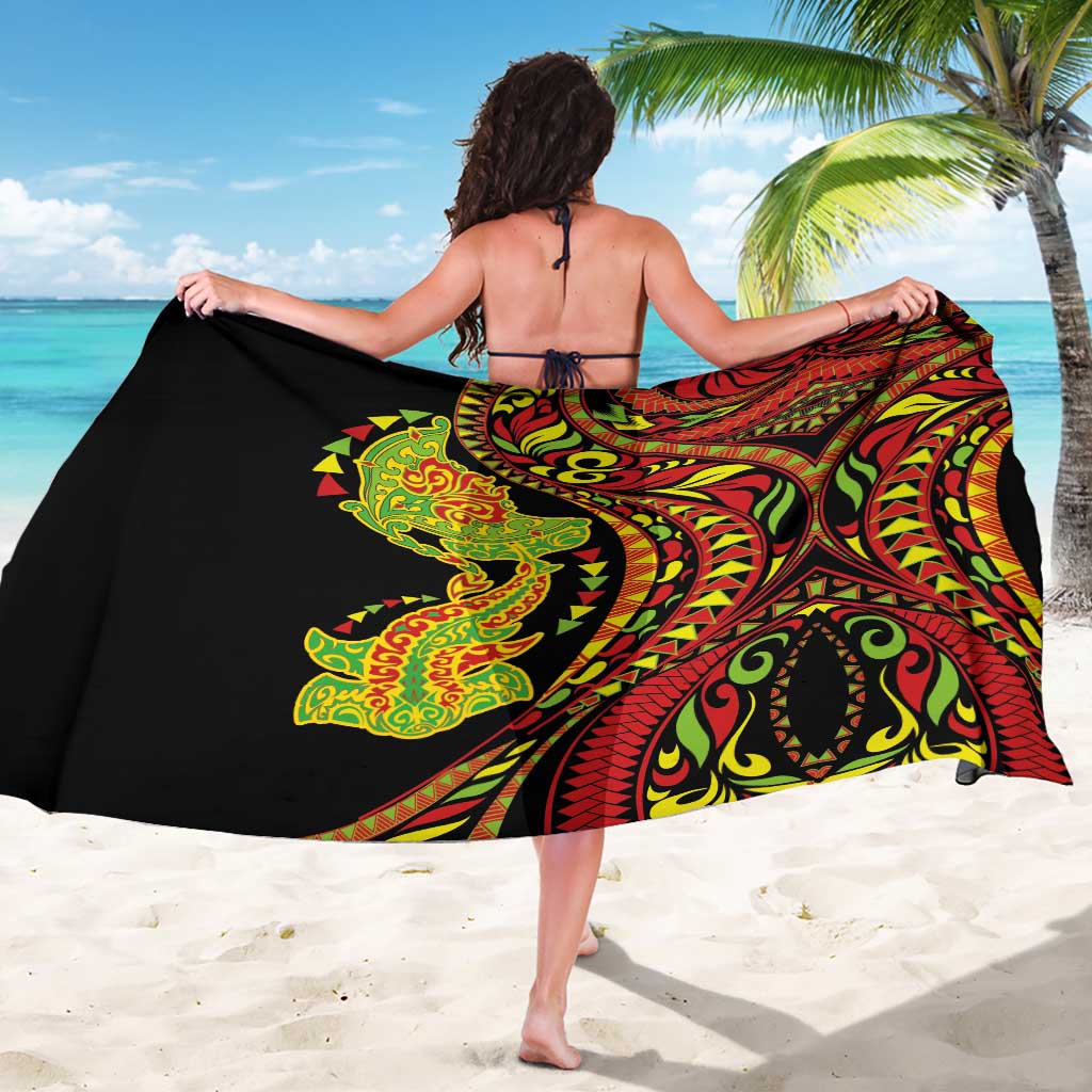 Hawaiian Manta Ray and Hammerhead Shark Tribal Tattoo Sarong with Polynesian Tribal Pattern Kanaka Maoli Flag Color