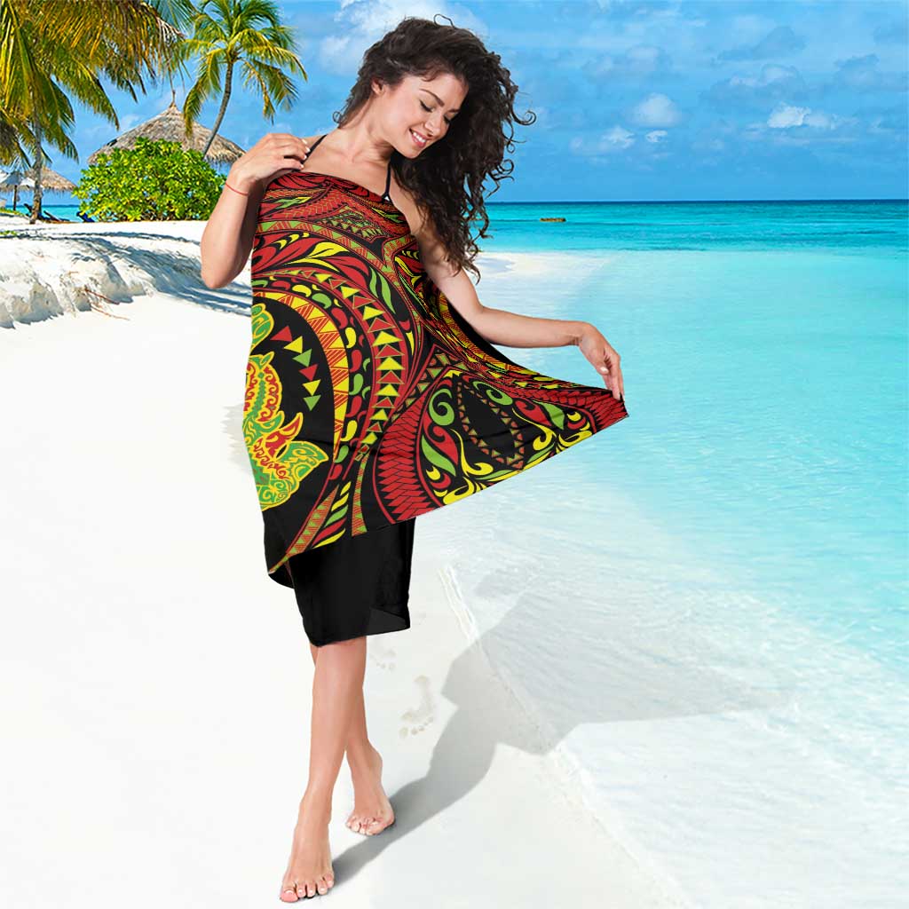 Hawaiian Manta Ray and Hammerhead Shark Tribal Tattoo Sarong with Polynesian Tribal Pattern Kanaka Maoli Flag Color