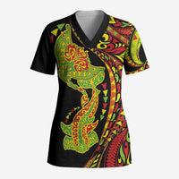 Hawaiian Manta Ray and Hammerhead Shark Tribal Tattoo Scrub Top with Polynesian Tribal Pattern Kanaka Maoli Flag Color