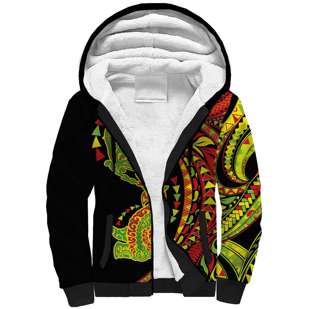 Hawaiian Manta Ray and Hammerhead Shark Tribal Tattoo Sherpa Hoodie with Polynesian Tribal Pattern Kanaka Maoli Flag Color