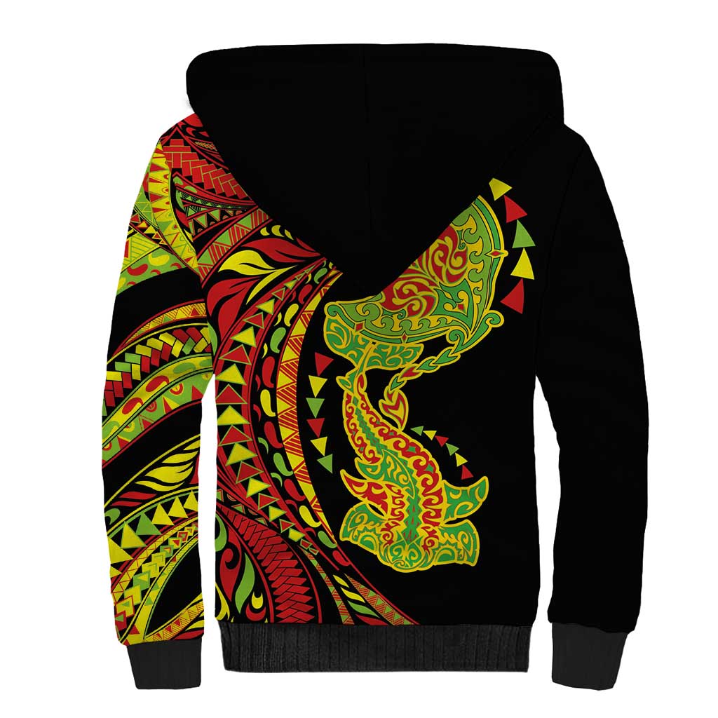 Hawaiian Manta Ray and Hammerhead Shark Tribal Tattoo Sherpa Hoodie with Polynesian Tribal Pattern Kanaka Maoli Flag Color