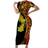 Hawaiian Manta Ray and Hammerhead Shark Tribal Tattoo Short Sleeve Bodycon Dress with Polynesian Tribal Pattern Kanaka Maoli Flag Color