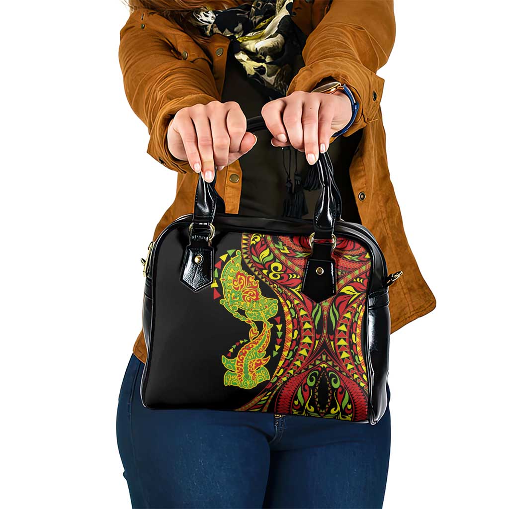 Hawaiian Manta Ray and Hammerhead Shark Tribal Tattoo Shoulder Handbag with Polynesian Tribal Pattern Kanaka Maoli Flag Color