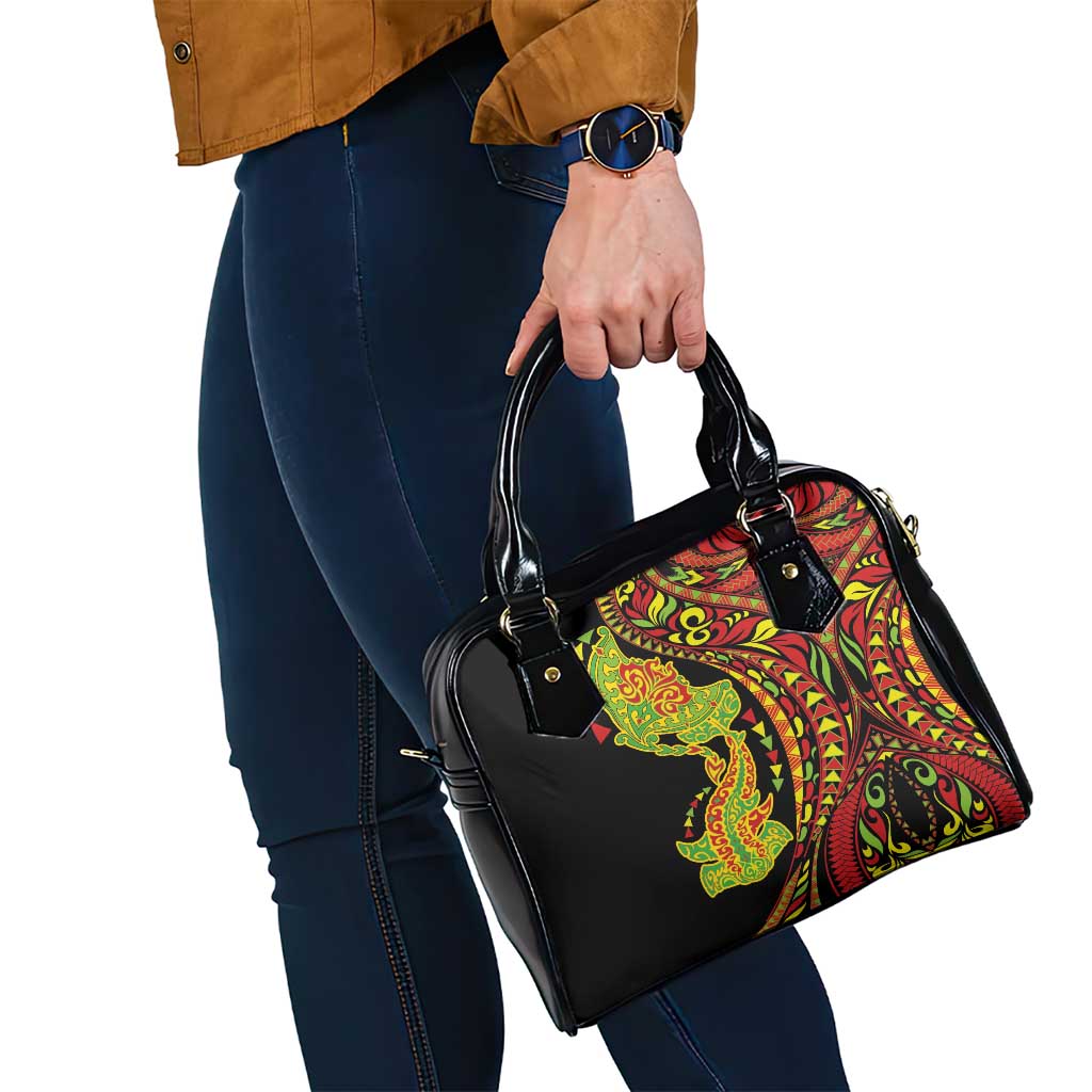 Hawaiian Manta Ray and Hammerhead Shark Tribal Tattoo Shoulder Handbag with Polynesian Tribal Pattern Kanaka Maoli Flag Color