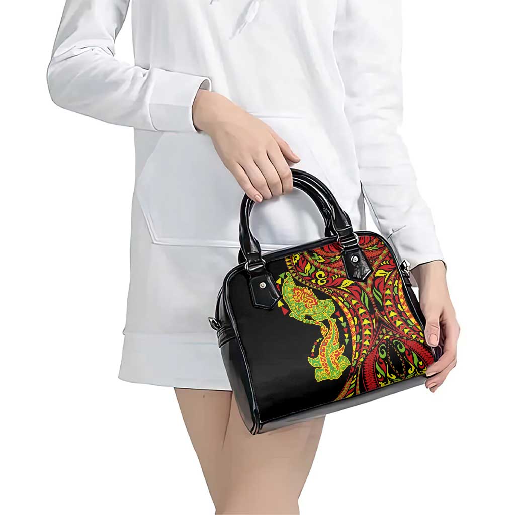 Hawaiian Manta Ray and Hammerhead Shark Tribal Tattoo Shoulder Handbag with Polynesian Tribal Pattern Kanaka Maoli Flag Color