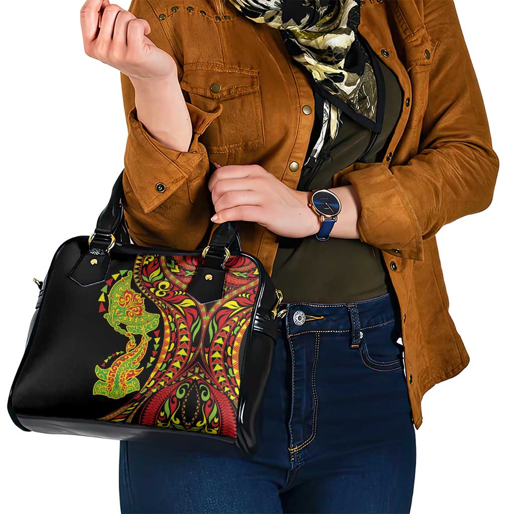 Hawaiian Manta Ray and Hammerhead Shark Tribal Tattoo Shoulder Handbag with Polynesian Tribal Pattern Kanaka Maoli Flag Color