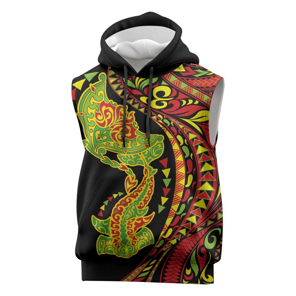 Hawaiian Manta Ray and Hammerhead Shark Tribal Tattoo Sleeveless Hoodie with Polynesian Tribal Pattern Kanaka Maoli Flag Color
