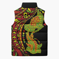 Hawaiian Manta Ray and Hammerhead Shark Tribal Tattoo Sleeveless Puffer Jacket with Polynesian Tribal Pattern Kanaka Maoli Flag Color