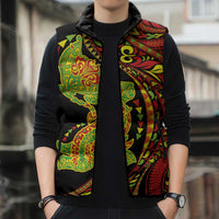 Hawaiian Manta Ray and Hammerhead Shark Tribal Tattoo Sleeveless Puffer Jacket with Polynesian Tribal Pattern Kanaka Maoli Flag Color