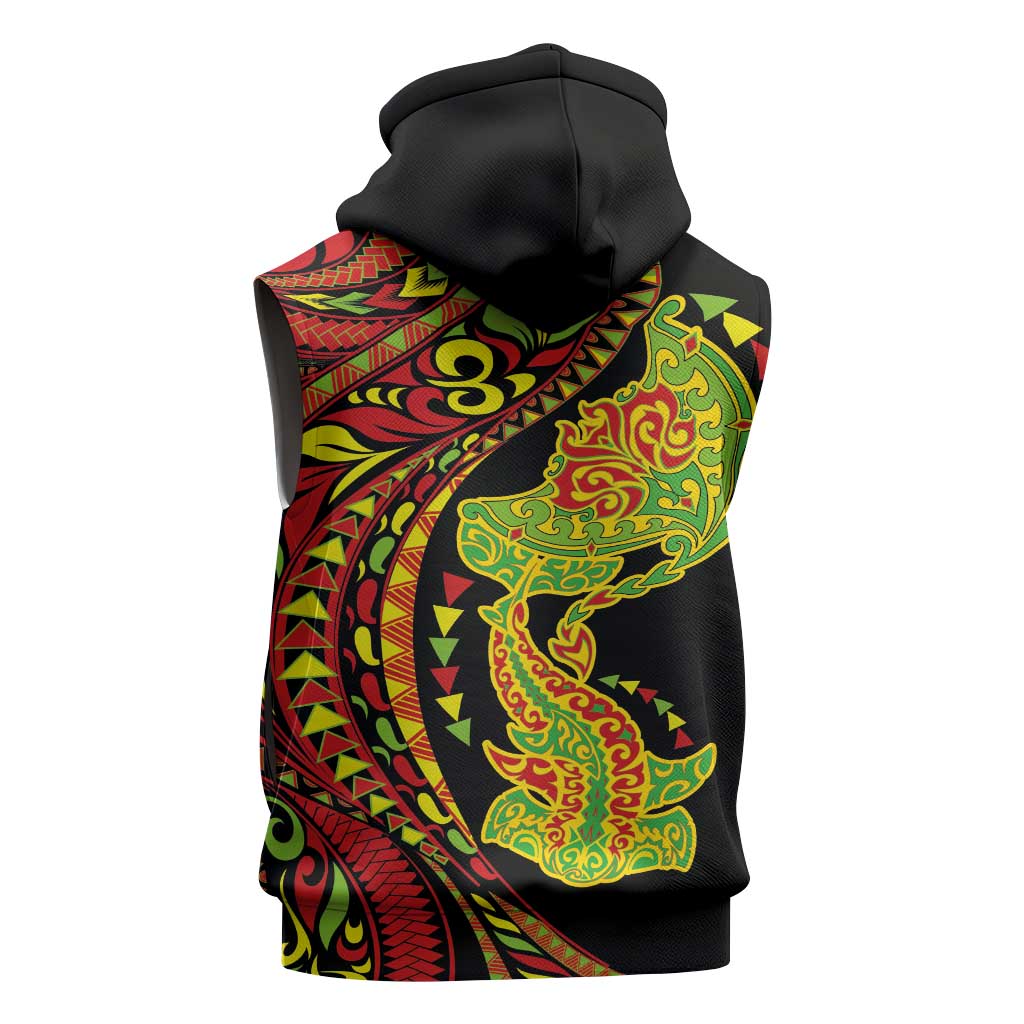 Hawaiian Manta Ray and Hammerhead Shark Tribal Tattoo Sleeveless Zip Hoodie with Polynesian Tribal Pattern Kanaka Maoli Flag Color