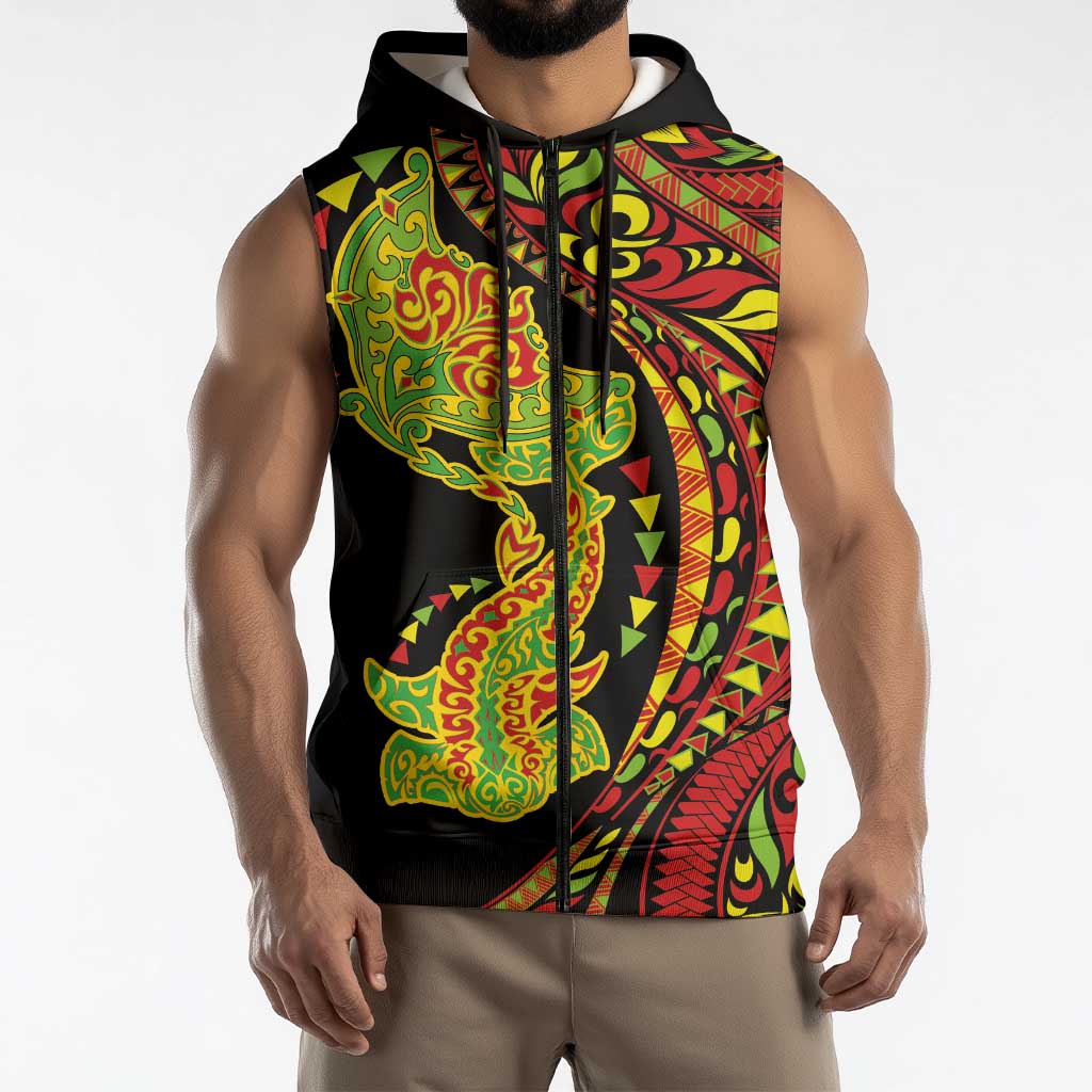 Hawaiian Manta Ray and Hammerhead Shark Tribal Tattoo Sleeveless Zip Hoodie with Polynesian Tribal Pattern Kanaka Maoli Flag Color