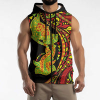Hawaiian Manta Ray and Hammerhead Shark Tribal Tattoo Sleeveless Zip Hoodie with Polynesian Tribal Pattern Kanaka Maoli Flag Color
