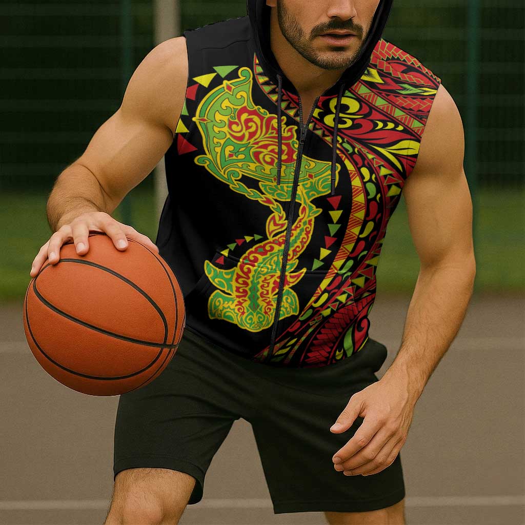 Hawaiian Manta Ray and Hammerhead Shark Tribal Tattoo Sleeveless Zip Hoodie with Polynesian Tribal Pattern Kanaka Maoli Flag Color