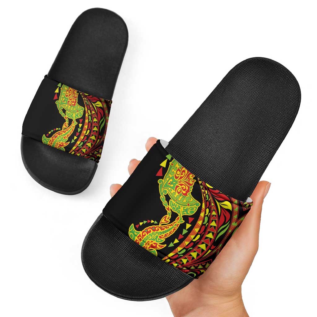 Hawaiian Manta Ray and Hammerhead Shark Tribal Tattoo Slide Sandals with Polynesian Tribal Pattern Kanaka Maoli Flag Color