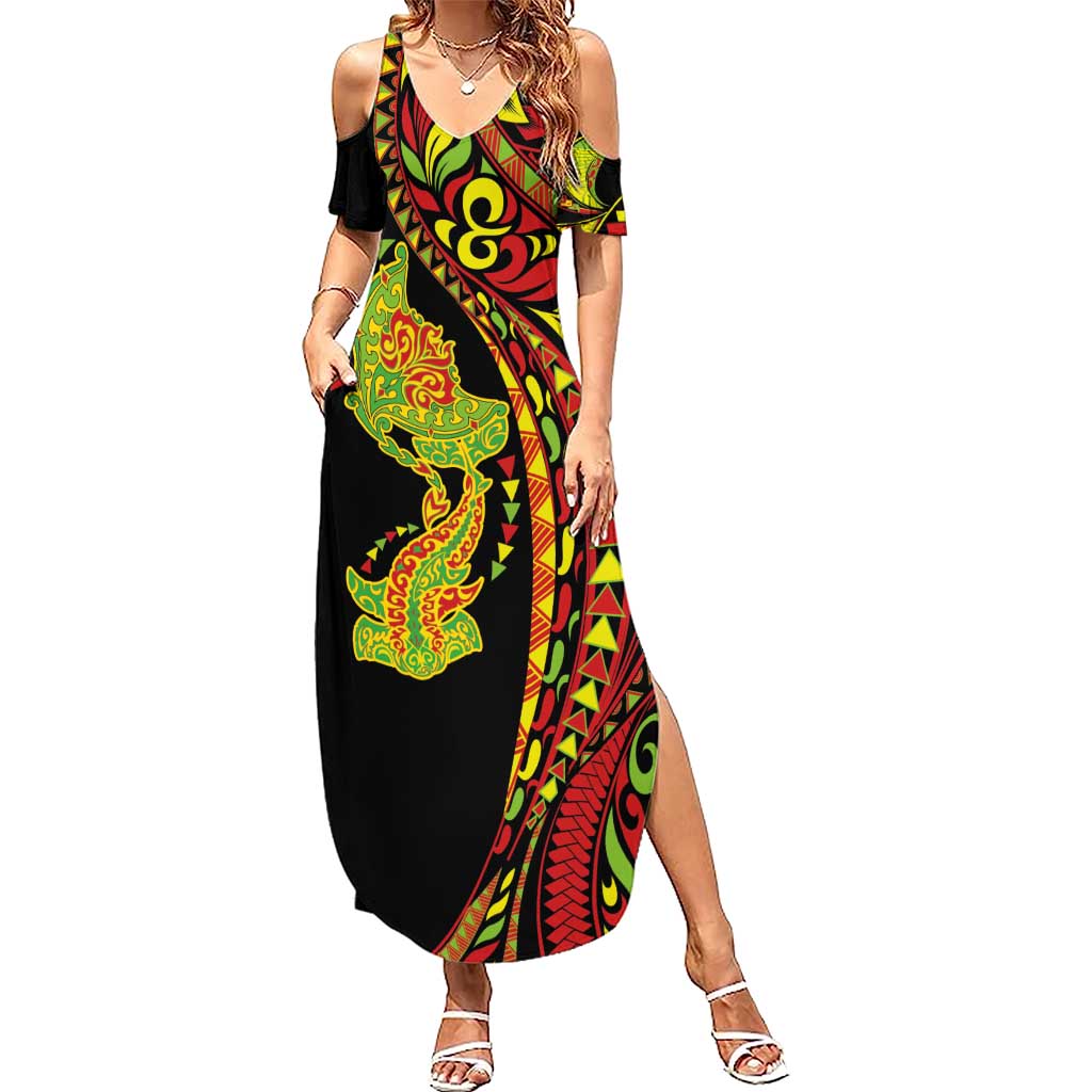 Hawaiian Manta Ray and Hammerhead Shark Tribal Tattoo Summer Maxi Dress with Polynesian Tribal Pattern Kanaka Maoli Flag Color