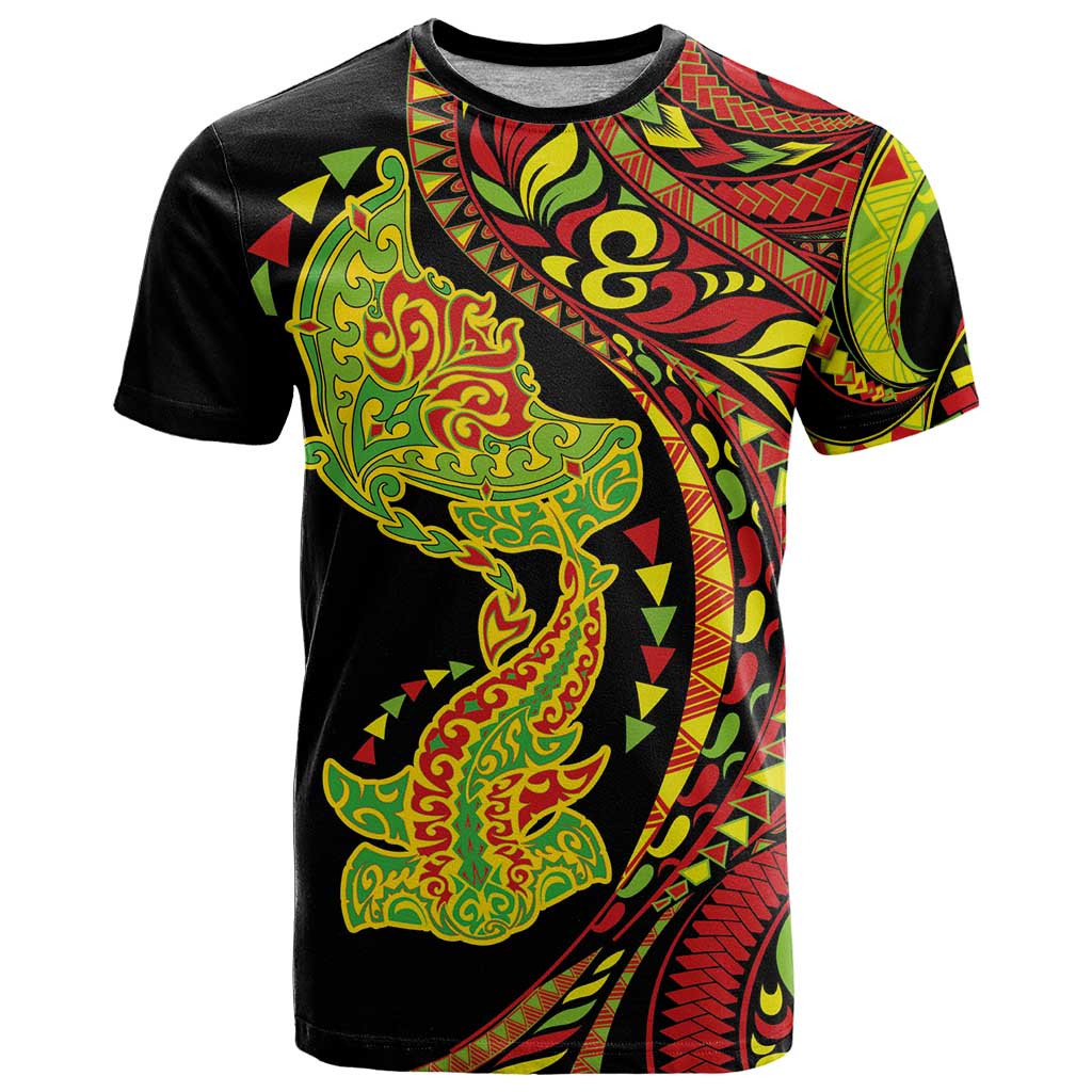 Hawaiian Manta Ray and Hammerhead Shark Tribal Tattoo T Shirt with Polynesian Tribal Pattern Kanaka Maoli Flag Color LT03 Multicolor - Polynesian Pride