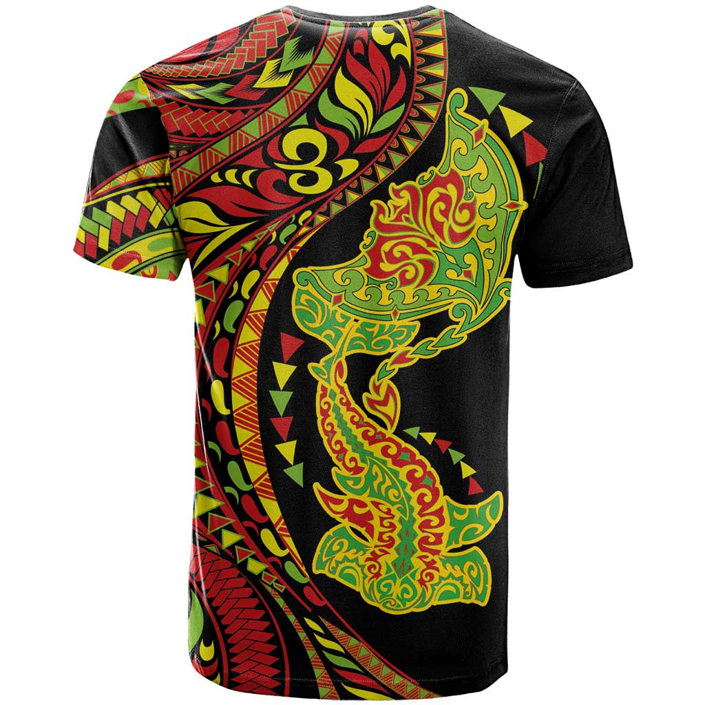 Hawaiian Manta Ray and Hammerhead Shark Tribal Tattoo T Shirt with Polynesian Tribal Pattern Kanaka Maoli Flag Color LT03 - Polynesian Pride