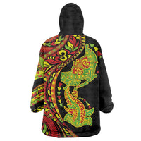 Hawaiian Manta Ray and Hammerhead Shark Tribal Tattoo Wearable Blanket Hoodie with Polynesian Tribal Pattern Kanaka Maoli Flag Color